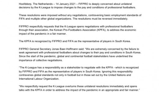 FIFPRO, 연맹이 일방적으로 도입한 선수 계약 관련 안건 제고